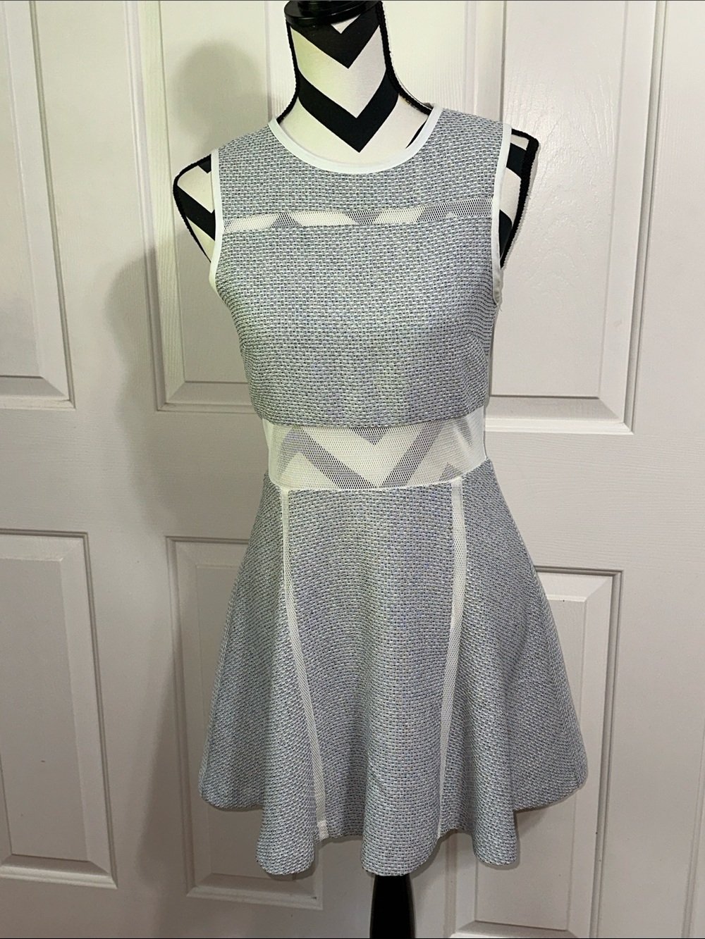 English Factory Gray & White Sleeveless Mesh Fit-and-Flare Dress